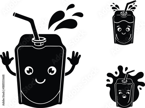 Cute kawaii drink pouch silhouette characters set with happy faces and splashing liquid vector illustration.