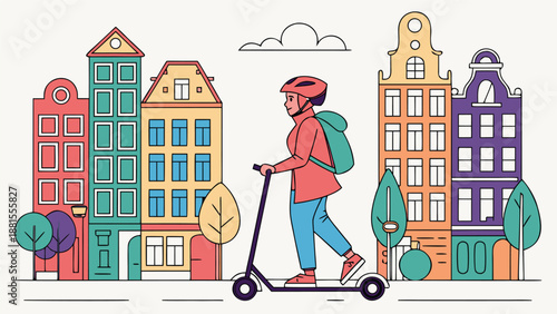A cyclist riding a scooter through a colorful european town showcasing a charming urban landscape silhouette