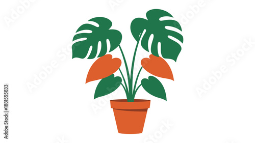 Potted Monstera Plant with Orange Flowers.