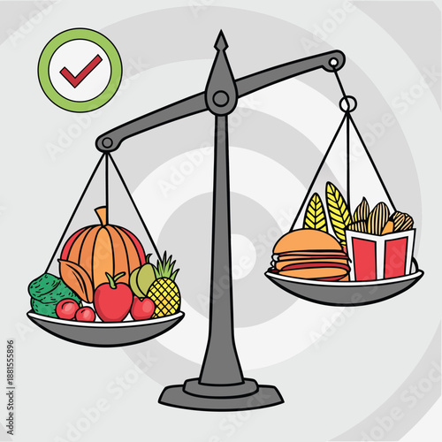 healthy food versus junk food on balance scale silhouette high quality professional detailed modern elegant stylish