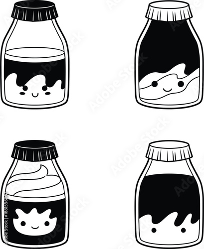 Cute kawaii milk bottle and yogurt jar characters set with happy faces in black and white line art vector illustration.