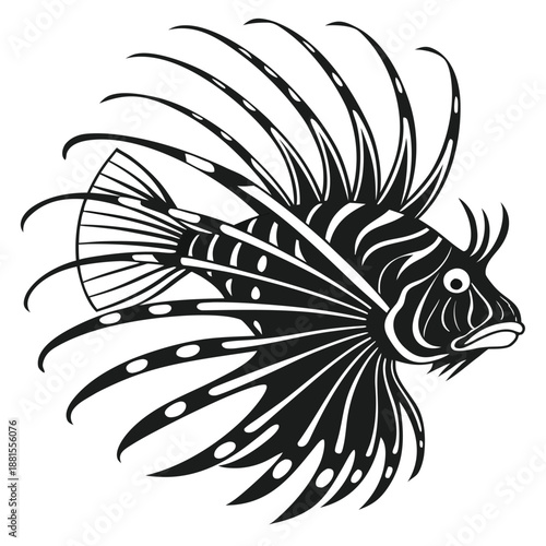 Detailed illustration of a lionfish with flowing fins and spotted patterns a striking black silhouette