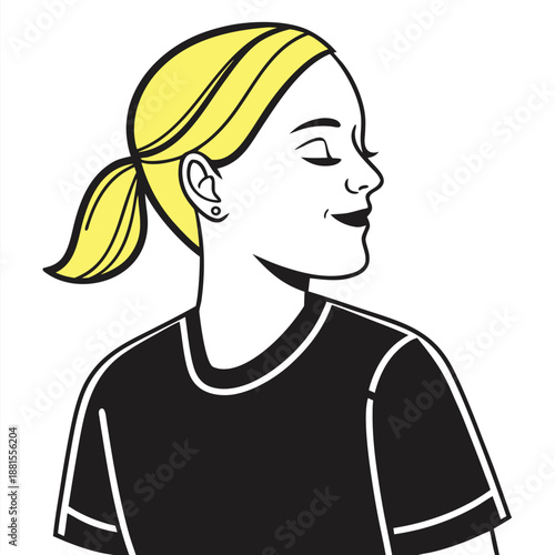 A minimalist illustration depicts a woman with blonde hair and a gentle expression a striking silhouette