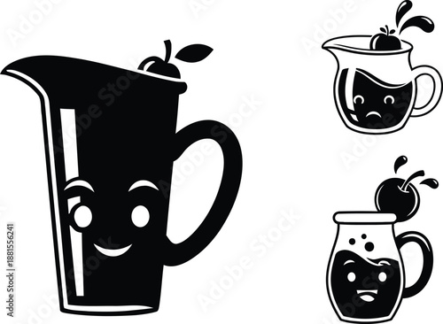 Cute glass pitcher silhouette characters set with happy and sad faces including fruit juice topping vector illustration.