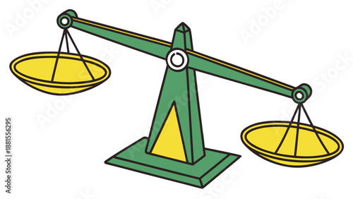 A colorful illustration of a balance scale with two platforms showcasing equilibrium and justice silhouette