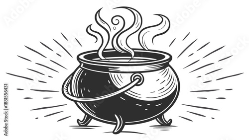 a black and white illustration of a steaming cauldron silhouette high quality professional detailed modern elegant