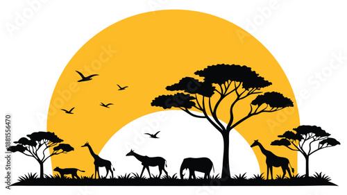 African savanna landscape with giraffes elephants and trees against a vibrant yellow sunset silhouette high quality