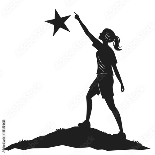A young woman reaching for a bright star standing on a hill in a striking silhouette