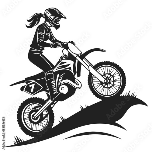 Dynamic motocross rider on a dirt bike performing a wheelie depicted in a striking black silhouette