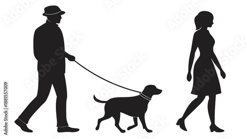 A man walking a dog on a leash with a woman all depicted in striking black silhouette