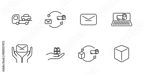Logistics and delivery set icon. Truck transport, parcel, gift handover, mail, exchange, cube, laptop tracking, return cycle, hands holding message