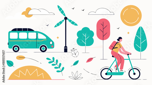 a person riding a bicycle near a green van and wind turbine silhouette high quality professional