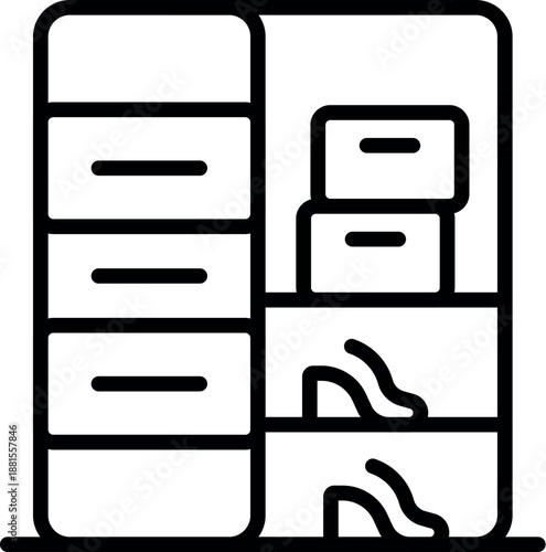 Simple line icon of a modern and tidy wardrobe, showcasing efficient storage solutions for shoes and boxes