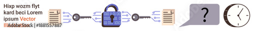 Cybersecurity, data protection, encryption, digital privacy, secure communication, technology process. Padlock linking files, speech bubble with question mark clock. Cybersecurity and data