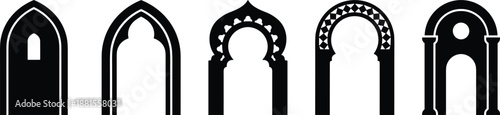 Islamic arch window silhouettes set, traditional mosque architecture elements, black vector shapes isolated on white background for design use