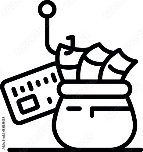 Phishing stealing money from a credit card using a hook and bag, internet security concept