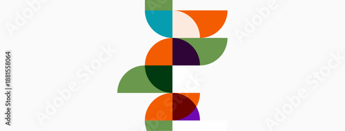 Abstract design features colorful semicircles stacked vertically. Shapes overlap creating dynamic visual composition. Minimalist style, clean background.