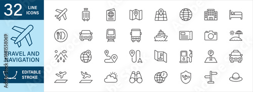 Travel and navigation thin line icon se, for web and apps design user interface. Contain icon symbol of airplane, airport, map, luggage, hotel, location pin, restaurant, car, taxi, train, harbor.