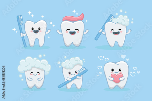 set of cute cartoon teeth on a blue background. Teeth cleaning icon. Funny tooth with toothbrush. Dentistry concept of oral hygiene, dental care for kids. Vector illustration 
