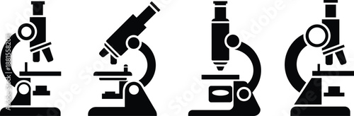 Collection of black microscope silhouettes featuring various laboratory equipment icons for science research and medical education isolated on white background.