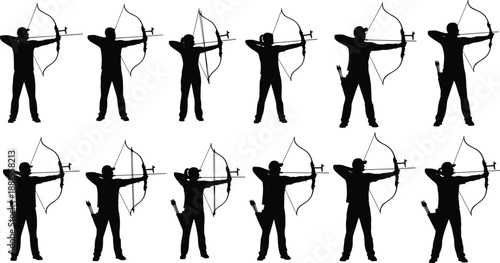 Collection of black archer silhouettes featuring men and women in various archery poses aiming bows isolated on a white background.