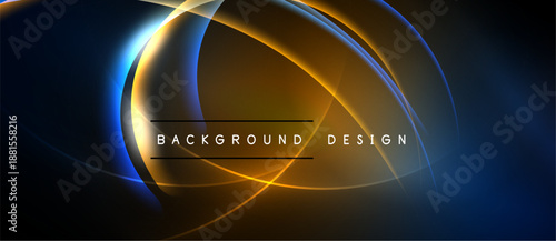 Abstract design features flowing orange, blue lines. Dark background enhances vibrant curves, creating modern visual impact.