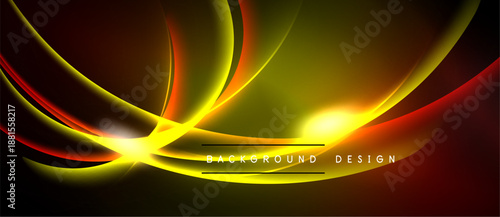 Dynamic abstract design. Bright yellow, orange, red curves radiate from central light source. Dark background enhances vibrant energy.