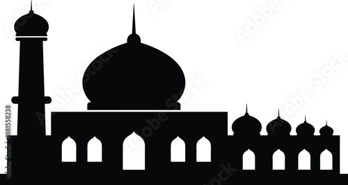 Black mosque silhouette Islamic architecture with domes and minaret, vector illustration, religious building skyline isolated on white background for design