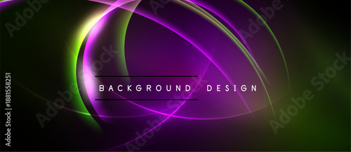 Abstract neon curves create dynamic background. Purple, green hues blend, forming elegant design. Text reads background design.