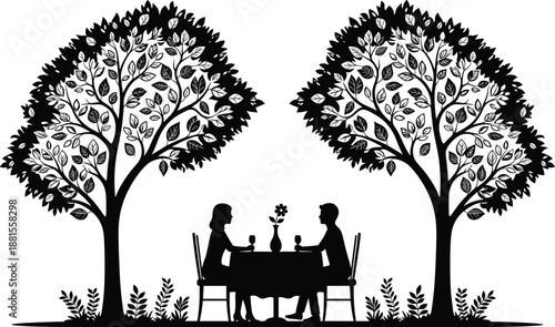 Romantic couple dining outdoors under leafy trees silhouette illustration for cafe date love relationship nature vector black white art design