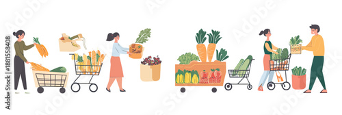 Diverse people buying fresh organic vegetables with shopping carts and baskets in supermarket flat minimalist vector illustration concept grocery store food shopping healthy lifestyle