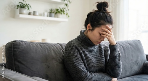 Young East Asian Woman Feeling Stressed and Anxious Sitting on a Gray Sofa with Hand Over Face, Mental Health and Burnout Concept in Bright Modern Living Room