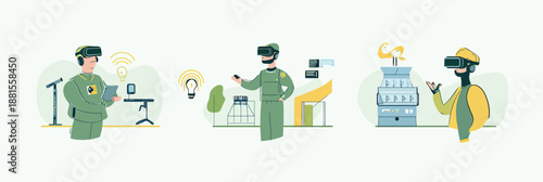 Industrial workers wearing virtual reality headsets using augmented reality technology for smart factory automation and data monitoring illustration vector