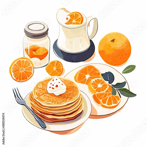 Stack of pancakes with whipped cream, fresh orange slices on plate, jar of orange marmalade, and ceramic jug in flat watercolor style vector illustration