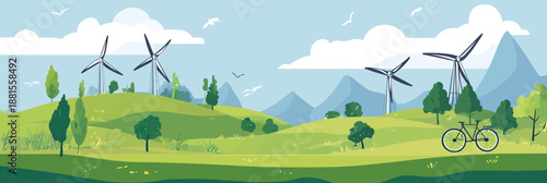 Green landscape with wind turbines on rolling hills and a bicycle in flat minimalist vector style with blue sky and mountains in background