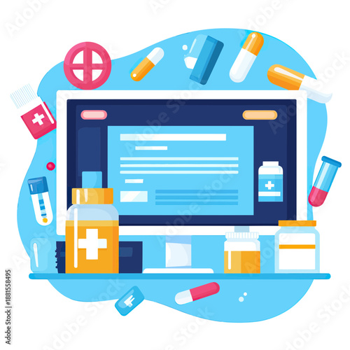 Online pharmacy concept with computer screen displaying medical prescription surrounded by various medicine bottles, pills, capsules, and medical containers in flat minimalist vector style