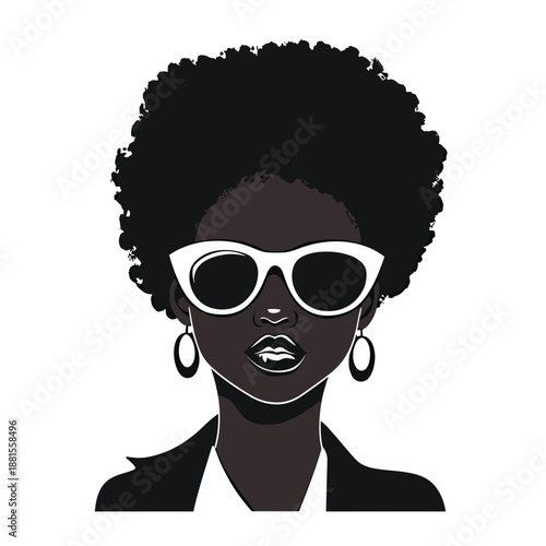 Stylish African American woman portrait with large afro hairstyle wearing white sunglasses hoop earrings and black jacket vector illustration flat minimalist silhouette