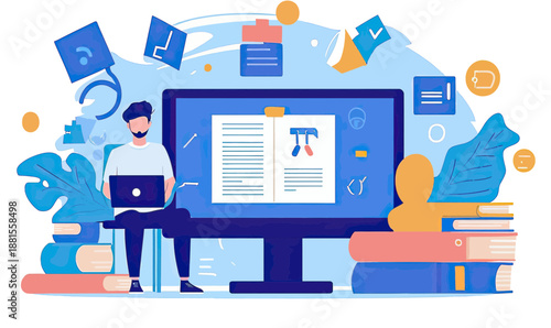 Online learning concept with person using laptop next to large computer monitor displaying educational content surrounded by books and digital icons flat vector illustration