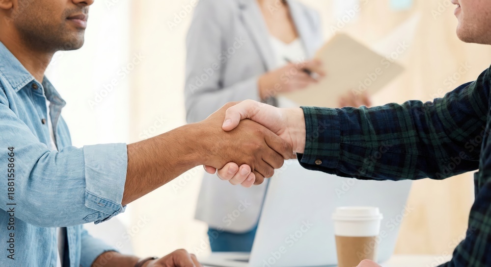 Fototapeta premium Successful business partnership handshake between a South Asian man and a Caucasian man in a bright office, close up of diverse professionals shaking hands for a deal.