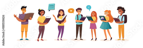 Diverse group of male and female students reading books and using laptops together in casual clothing flat vector illustration for education and teamwork concept
