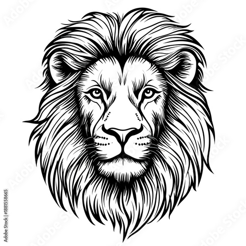 Detailed black and white hand drawn lion head illustration with thick flowing mane and intense gaze in a bold line art style suitable for logos and tattoos