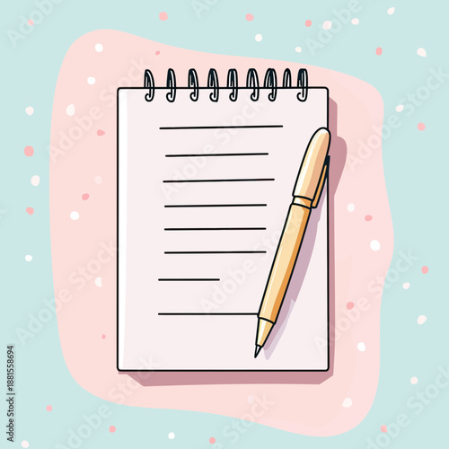 Minimalist spiral notepad with lined paper and pen on pastel pink and blue doodle background for note taking and writing concept illustration