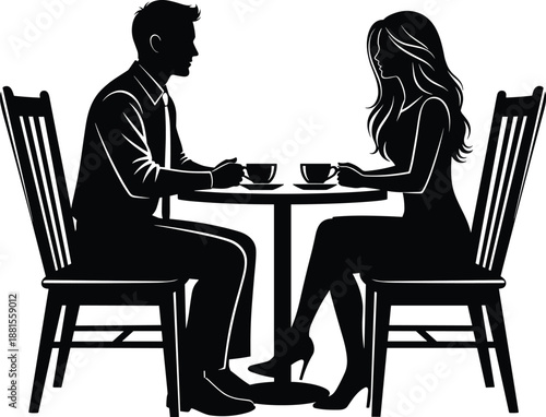Silhouette of a man and woman having a coffee date sitting at a cafe table isolated on white background vector.