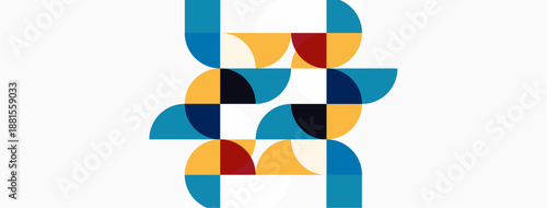 Abstract geometric pattern. Circles, squares overlap creating colorful design. Modern aesthetic, simple composition. Bright hues dominate visual space.