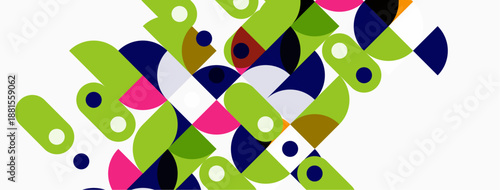 Abstract geometric pattern. Circles, semicircles, ovals overlap creating vibrant composition. Green, blue, pink dominate design.