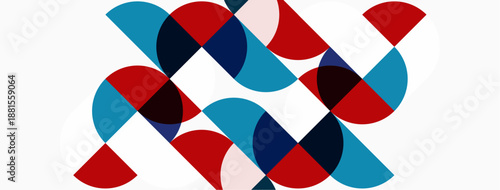 Abstract geometric pattern. Overlapping circles create dynamic composition. Red, blue, maroon, pale pink hues dominate white background. Modern design.