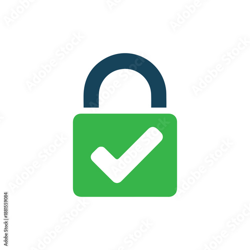 Green padlock with a white checkmark symbolizes security and protection in a digital graphic with a clean background