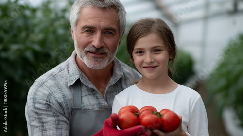 Grandfather and granddaughter smiling, holding fresh ripe organic tomatoes harvested from a greenhouse, sharing a moment of family bonding and sustainable agriculture