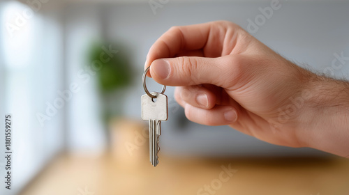 Hand holding house key on a metal ring, symbolizing new home ownership, real estate purchase, apartment rental, and property investment concepts, copy space