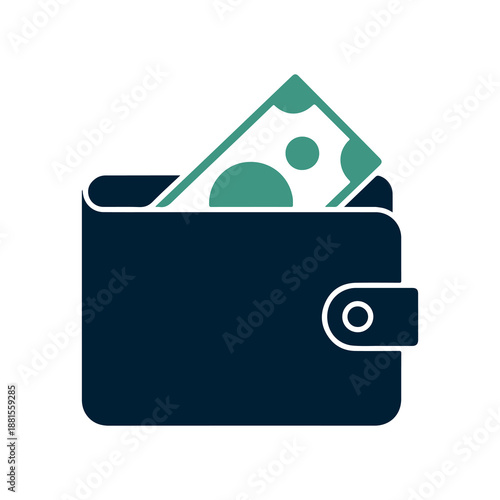 Green dollar bills neatly tucked into a dark blue wallet with a silver button flat graphic design style